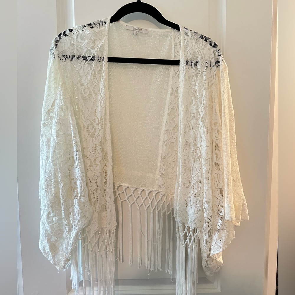 Miss Me Boho Lace Kimono Cardigan M Ivory Crochet Fringe Festival Duster A150